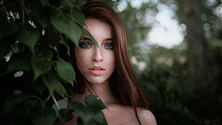 women brunette portrait juicy lips nature georgiy chernyadyev face, HD wallpaper
