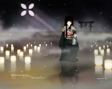 엔마 아이, 애니메이션 소녀, Jigoku Shoujo, 기모노, 랜턴, 밤, 긴 머리, HD 배경 화면 HD wallpaper
