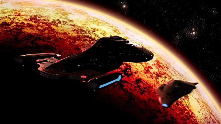 space ships on planet, Star Trek, USS Voyager, spaceship, space, Star Trek Voyager, HD wallpaper