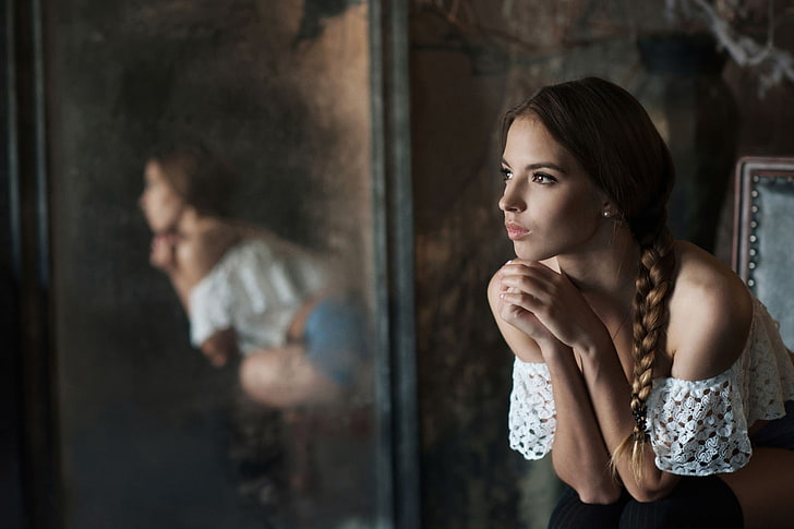 المرأة ، عارضة أزياء ، وجه ، صورة ، فيكتوريا لوكينا ، مرآة، خلفية HD
