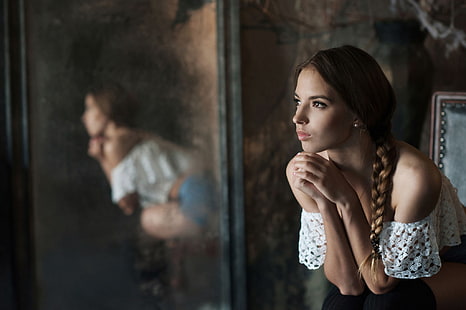 المرأة ، عارضة أزياء ، وجه ، صورة ، فيكتوريا لوكينا ، مرآة، خلفية HD HD wallpaper