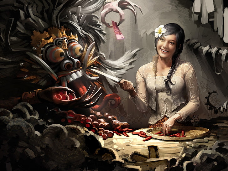 donna che tiene la spada dipinto, opere d'arte, fantasy art, Indonesia, Bali, fiore nei capelli, coltello, trecce, Sfondo HD