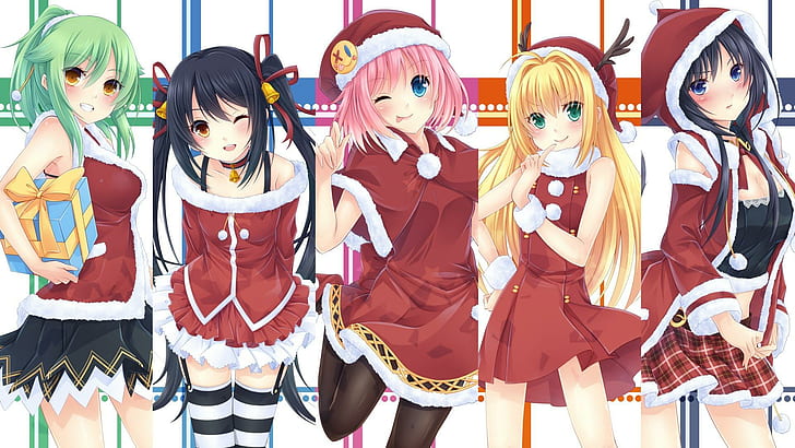 크리스마스 소녀, 산타 드레스를 입고 5 여성 애니메이션 캐릭터 그룹, 애니메이션, 1920x1080, 크리스마스, 여자, HD 배경 화면