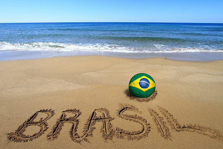 green and yellow volleyball, sand, sea, beach, football, the ball, Brazil, flag, World Cup, Brasil, FIFA, 2014, HD wallpaper