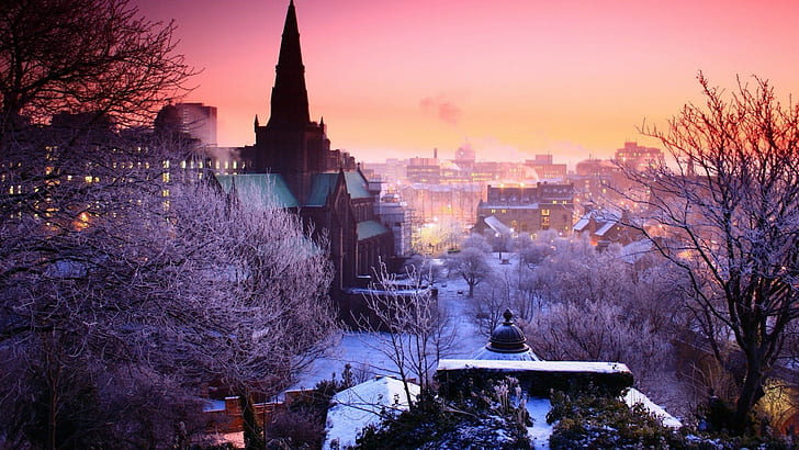 город, пурпурный, зима, снег, небо, солнечный свет, HD обои