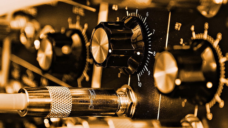 black and gray amplifier, wire, knobs, jack, sound, scale, HD wallpaper