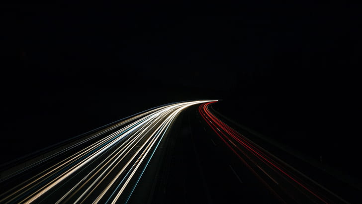 light trails, photography, long exposure, long-exposure photography, traffic, highway, road, nigh, darkness, HD wallpaper
