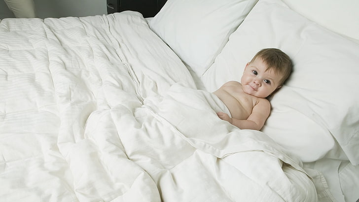 white blanket, toddler, bed, baby, lie, HD wallpaper