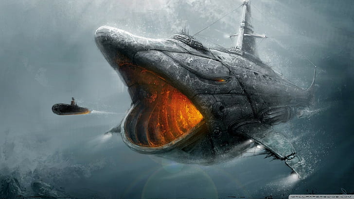 sztuka fantasy, łódź podwodna, dieselpunk, Tapety HD