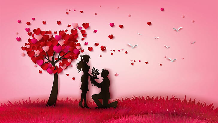 Праздник, День святого Валентина, Пара, Сердце, Любовь, Дерево, HD обои