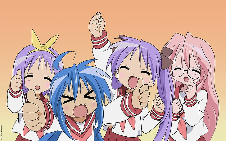 lucky star illustration, anime girls, crowd, emotion, laughter, surprise, HD wallpaper