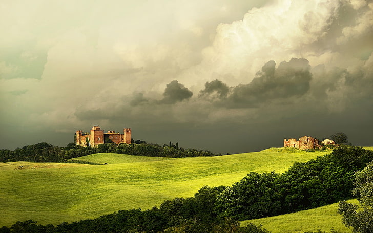 brown castle, architecture, building, nature, castle, ancient, Tuscany, Italy, field, grass, hills, forest, clouds, HD wallpaper