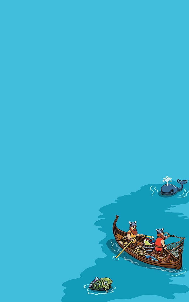 Illustration des braunen Bootes, Wikinger, Meer, Fischen, Minimalismus, Porträtanzeige, HD-Hintergrundbild, Handy-Hintergrundbild