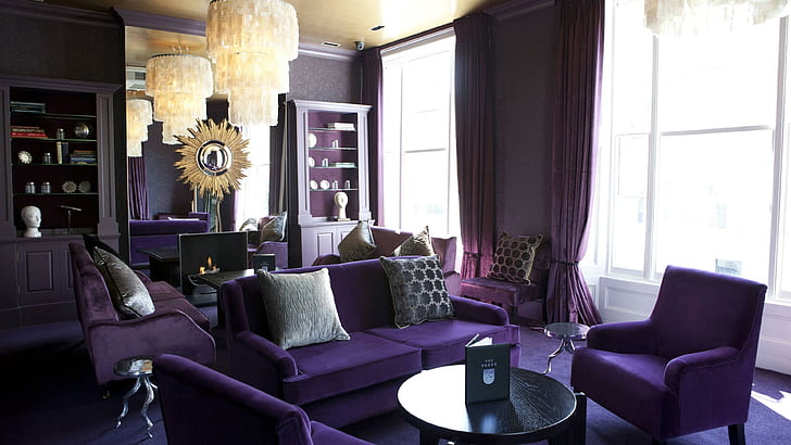 Purple room with purpe furniture, living room set, photography, 3840x2160, room, lamp, chair, table, couch, interior design, HD wallpaper