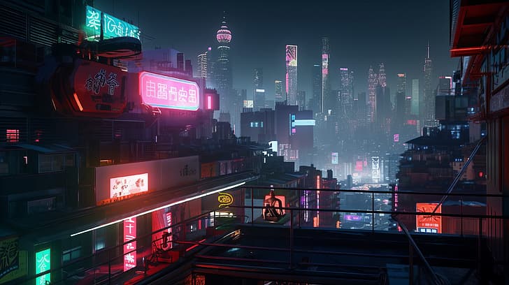 AI art, cyberpunk, city, neon, rooftops, HD wallpaper