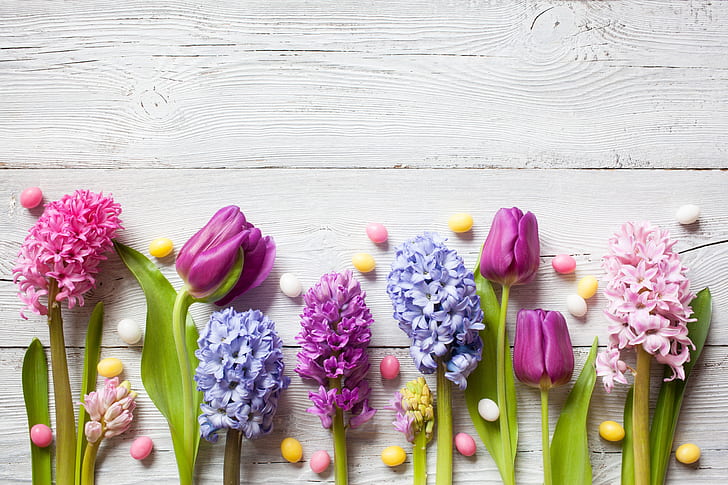 flowers, spring, colorful, Easter, crocuses, tulips, wood, daffodils, eggs, decoration, Happy, the painted eggs, HD wallpaper