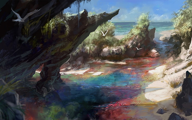 rocas cerca del cuerpo de agua lienzo pintura, arte de fantasía, paisaje, Fondo de pantalla HD