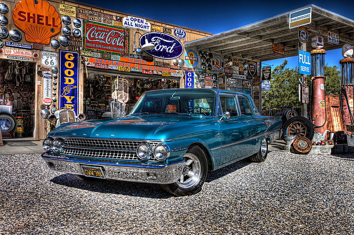 Retro, Ford, vestirse, Galaxie, coche, clásico, gasolinera, servicio, 1961, Fondo de pantalla HD