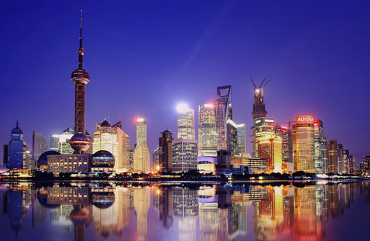 Skyline Shanghai, China, water, reflection, the city, home, the evening, China, Asia, Shanghai, the Oriental pearl tower