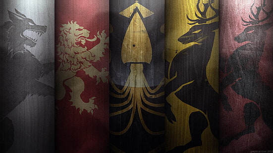 wolf, squid, and deer wallpaper, five Game of Thrones emblems wallpaper, A Song of Ice and Fire, Game of Thrones, collage, House Stark, House Baratheon, HD wallpaper HD wallpaper