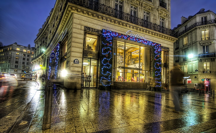 Cartier Noel, altın beton 2 katlı ev, tatil, Noel, Cartier, champs elysees, Champs Elysees üzerinde, HD masaüstü duvar kağıdı