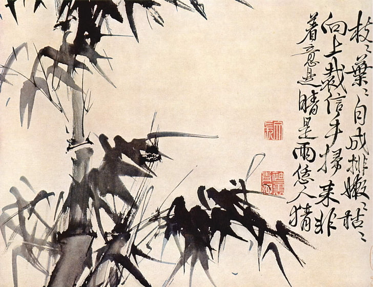 タケ植物スケッチ、アートワーク、漢字、竹、 HDデスクトップの壁紙