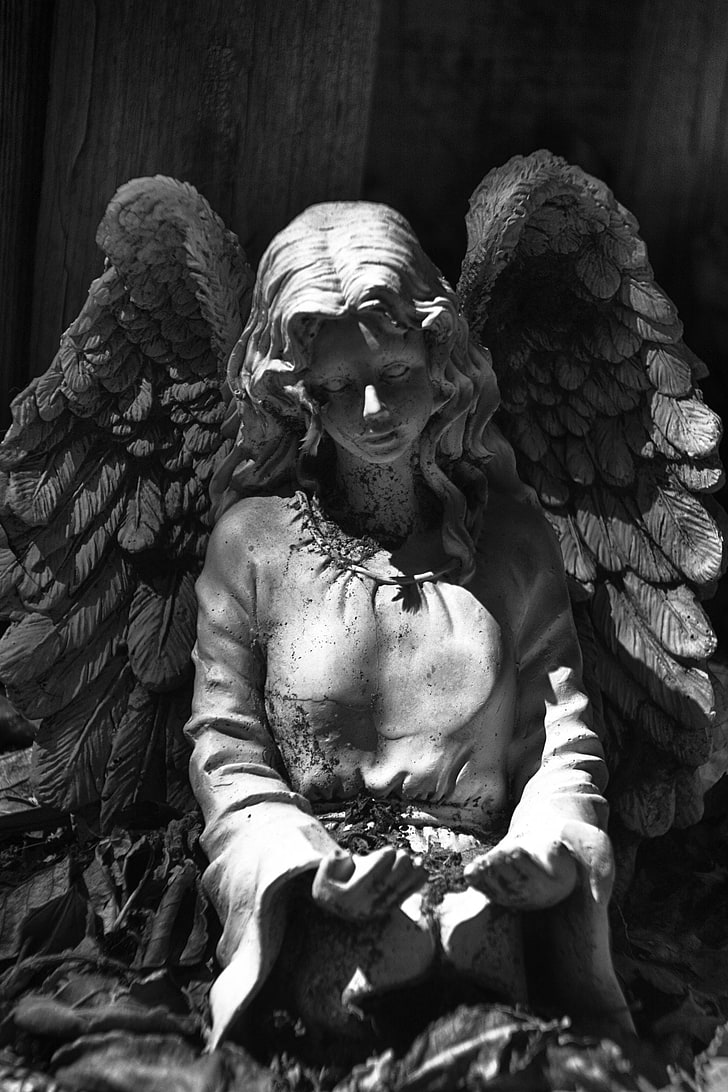 500 px, ángel, Fred Higgins, monocromo, estatua, alas, Fondo de pantalla HD, fondo de pantalla de teléfono
