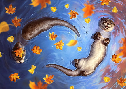  Water, Autumn, Lake, River, Leaves, The view from the top, Otter, Pond, Johanna Tarkela, by Johanna Tarkela, Otters, Colour Splash, HD wallpaper HD wallpaper