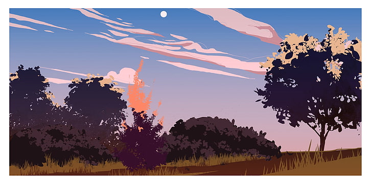 nel bosco pittura, illustrazione, tramonto, Sfondo HD