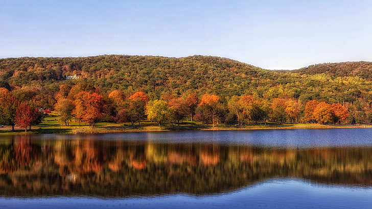 fotografia de lago, paisagem, montanhas, reflexão, árvores, rio, HD papel de parede