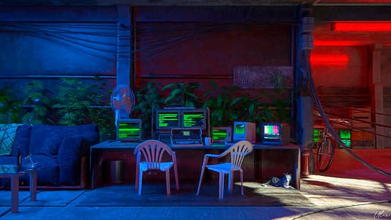 3D, CGI, seni digital, Blender, shader, lukisan cat minyak, peretasan, 1980-an, Hong Kong, tanaman, lampu neon, ruang bawah tanah, kucing, Wallpaper HD HD wallpaper