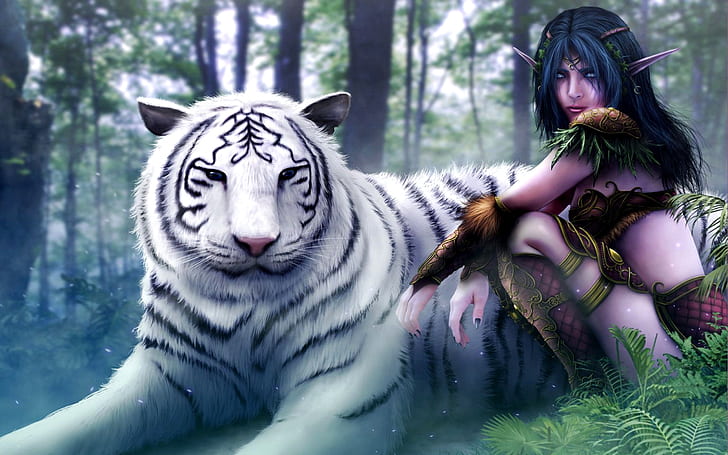 Волшебница девушка с белым тигром, Wizard, Girl, White, Tiger, HD обои