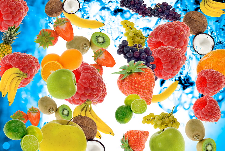 ассорти из фруктов обои, вода, ягоды, малина, яблоки, кокос, киви, клубника, виноград, бананы, лайм, фрукты, ананас, HD обои