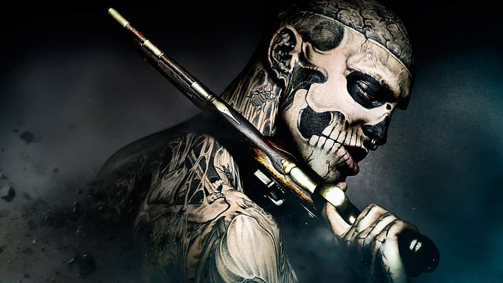 Rick Genest, 47 Ronin, men, gun, Rico the Zombie, tattoo, nose rings, movies, HD wallpaper
