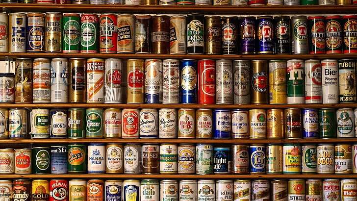 assorted-brand beverage can lot, beer, creativity, alcohol, shelves, can, HD wallpaper