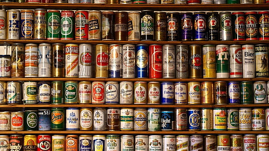 assorted-brand beverage can lot, beer, creativity, alcohol, shelves, can, HD wallpaper HD wallpaper