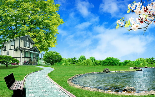 Hemfred, grönt gräsfält och vattenkropp, fred, hem, drömmande och fantasi, HD tapet HD wallpaper