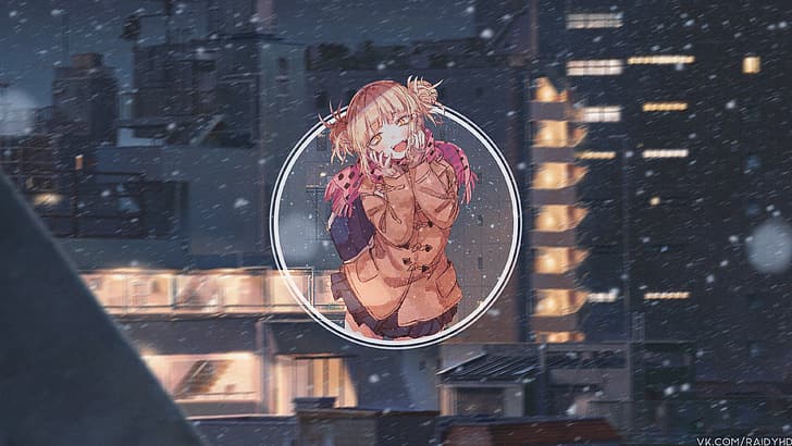 anime, anime girls, picture-in-picture, snow, Himiko Toga, Boku no Hero Academia, HD wallpaper