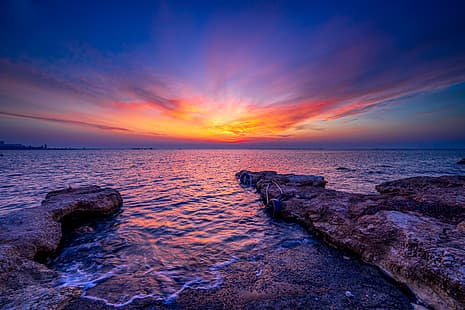 mare, alba, alba, Cipro, Mar Mediterraneo, Mar Mediterraneo, Sfondo HD HD wallpaper