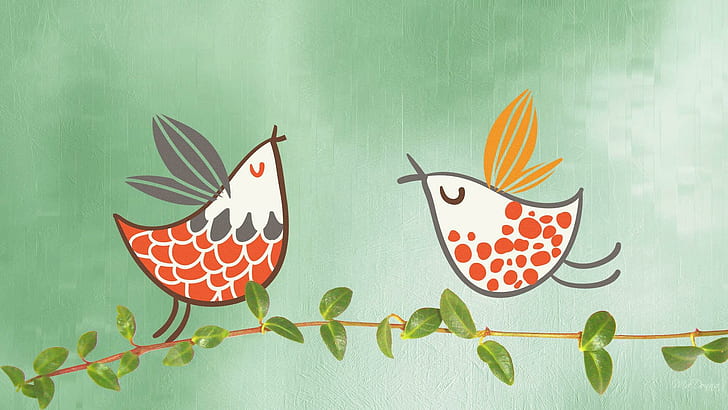 Zwei Frühlingsvögel, Illustration mit zwei weiße und orange Vögeln, Frühling, Firefoxperson, Vögel, Blätter, Grün, niedlich, Rebe, Tiere, HD-Hintergrundbild