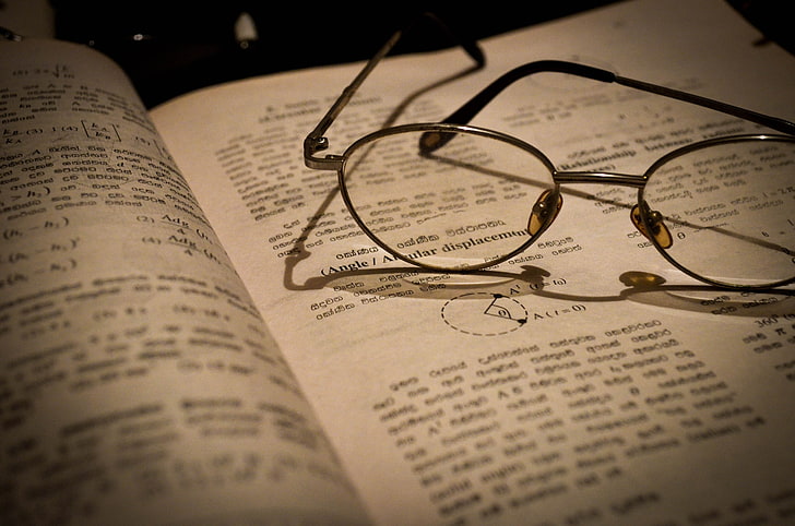 eyeglasses with silver frames, books, glasses, macro, text, beige, HD wallpaper