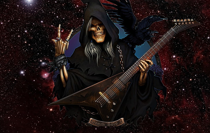 Dark, Grim Reaper, Fantasy, Guitar, Night, Raven, Rock & Roll, HD wallpaper
