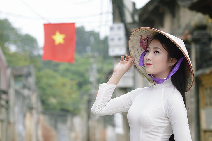 女性、アジア人、アオザイ、アジアの円錐形の帽子、女の子、モデル、ベトナム人、 HDデスクトップの壁紙