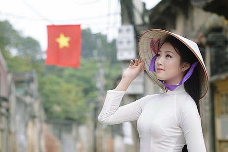 Жени, азиатски, Ao Dai, азиатски конична шапка, момиче, модел, виетнамски, HD тапет HD wallpaper