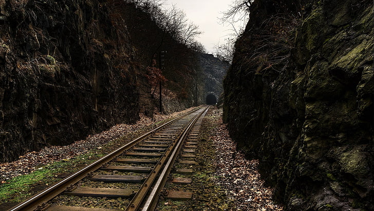 кафява и бяла дървена ограда, железопътна линия, тунел, тунели, HD тапет