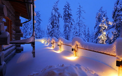 Зимний дом, огни, зима, природа, дом, огни, HD обои HD wallpaper