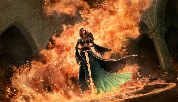 одетая зеленая женщина держит пламенный меч цифровые обои, девушка, круги, замок, огонь, пламя, магия, меч, платье, фэнтези, арт, колонны, арка, HD обои
