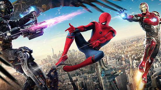 Fond d'écran Spider-Man et Iron Man, Spider-Man: Homecoming (2017), Iron Man, paysage urbain, Spider-Man, Spider-Man Homecoming (Film), Fond d'écran HD HD wallpaper