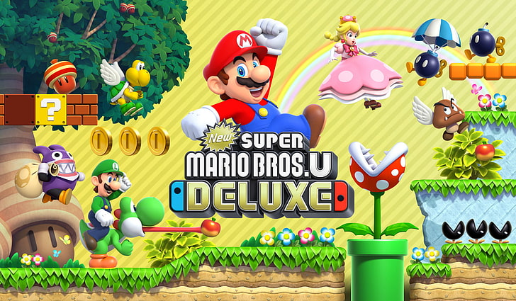 Видеоигра, New Super Mario Bros. U Deluxe, Боб-ом, Гумба, Луиджи, Марио, Наббит (Марио), Пашетт (Марио), Завод Пиранья, Йоши, HD обои