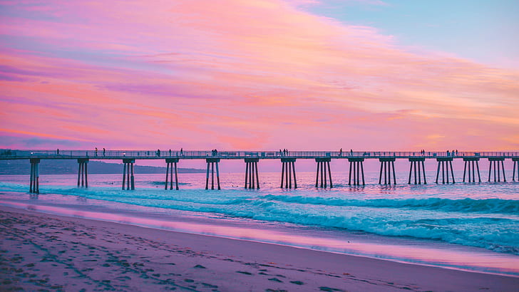 hermosa beach pier, hermosa beach, pier, beach, california, united states, wave, pink sky, ocean, water, HD wallpaper